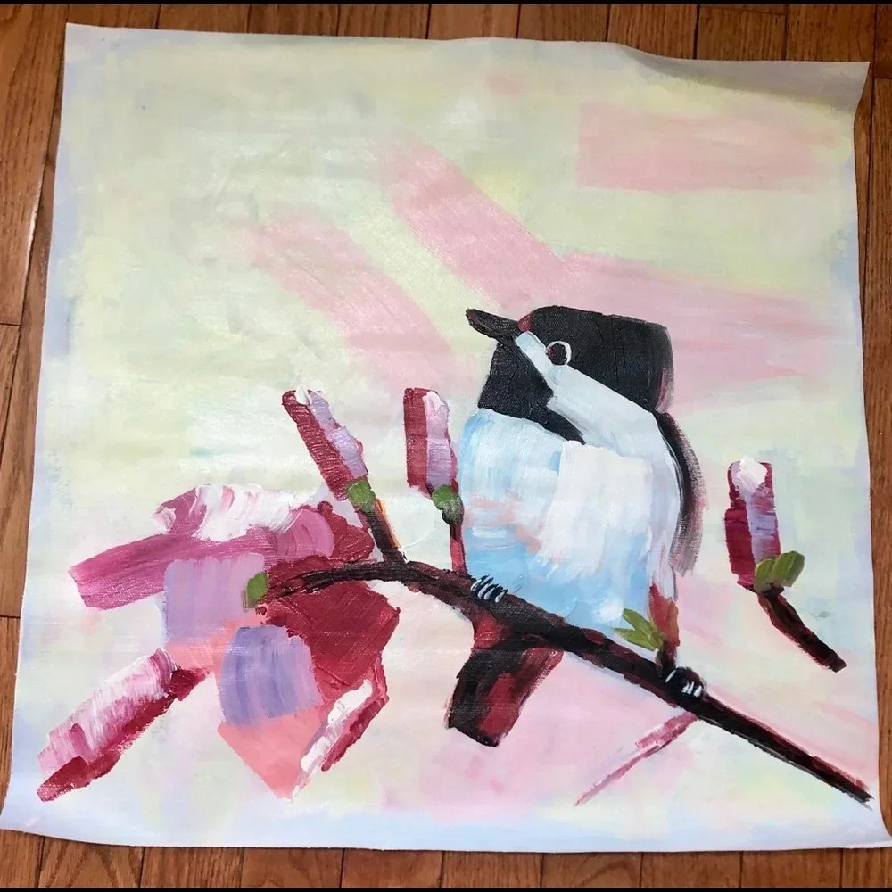 Bird in branch painting unstretched oil on canvas 20 x 20 in